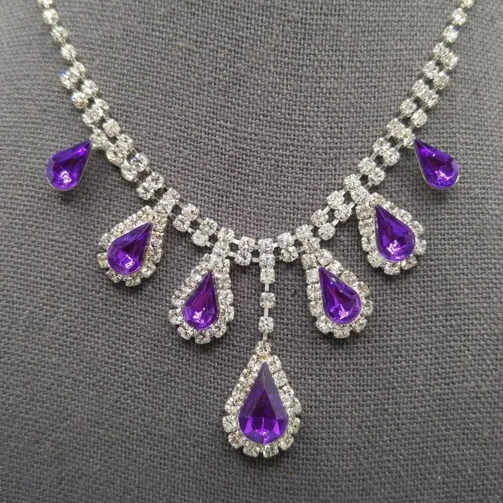 Dangle Purple Clear Rhinestone Necklace, 18 1/2 Inches Adjustable, Formal Choker